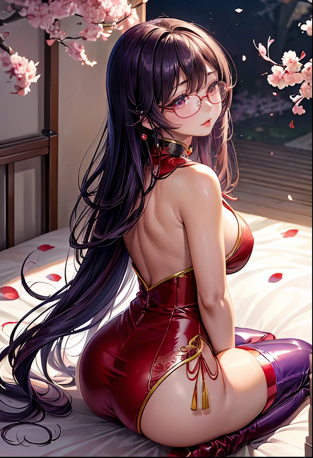 Chinese idol girl Mature Woman Blonde wavy hair with bangs (Bright red rouge lips) Super big boobs Chubby Plump Super big butt Wet ass ((Rimless glasses)) Big eyes SakuraFubuki ((Gorgeous super shiny purple long cheongsam)) ((Knee-high boots)) garter belt 8K Photorealistic ((Cherry tree in full bloom)) (A large amount of falling cherry blossom petals) ((Sunrise at dawn)) ((Sit with your back to the camera)) ((Back view of a person sitting upright)) ((Turn around and make eye contact)) bedroom Depicted from above