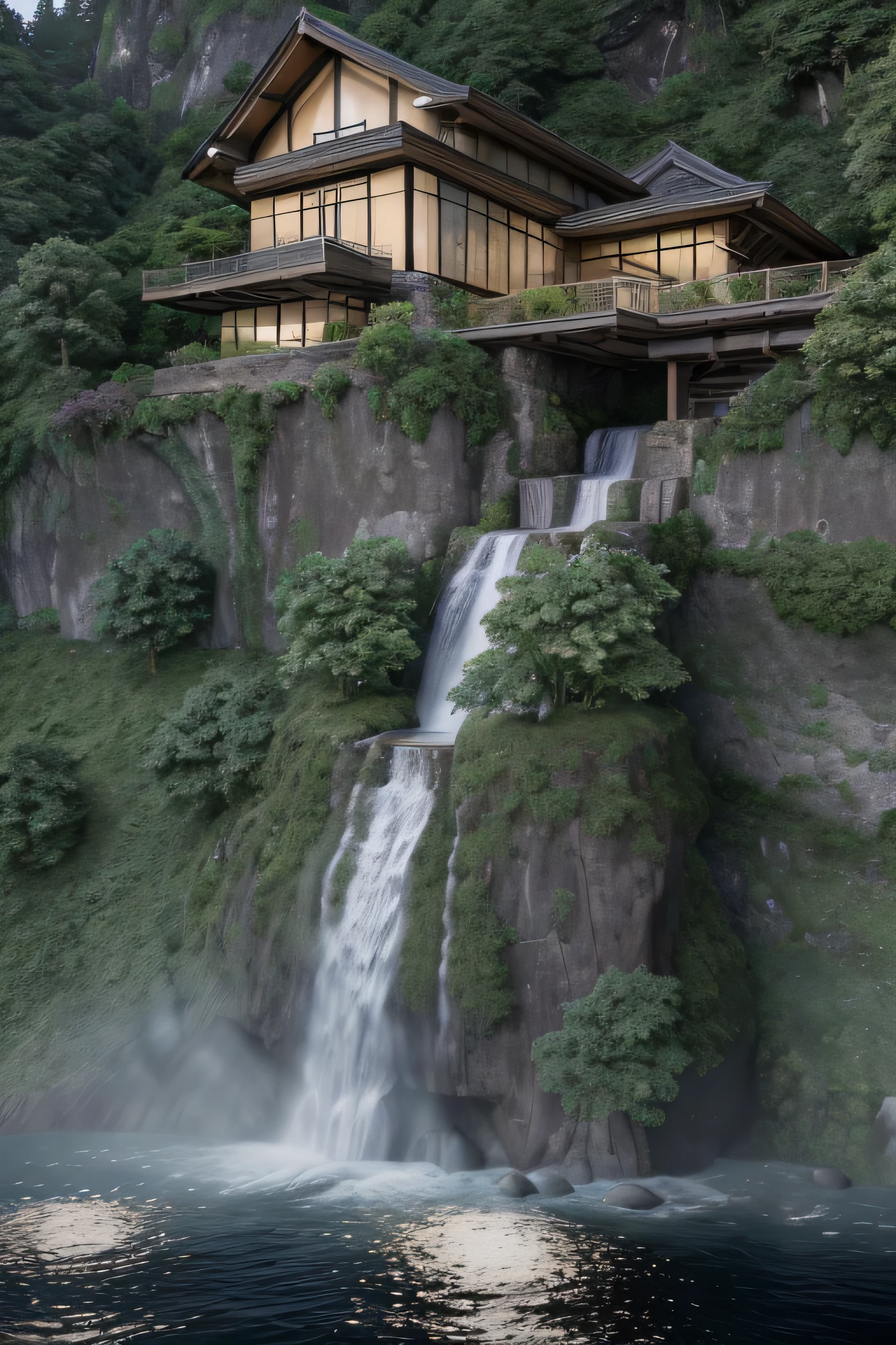 a close up of a waterfall near a house on a cliff, very close to real nature, cliffside, integrated in the mountains, luxurious onsens, mix with rivendell architecture, nature meets architecture, next to a waterfall, epic and stunning, by Johannes Voss, with waterfalls, shining lights on cliff side, waterfall walls, 4 k vertical wallpaper