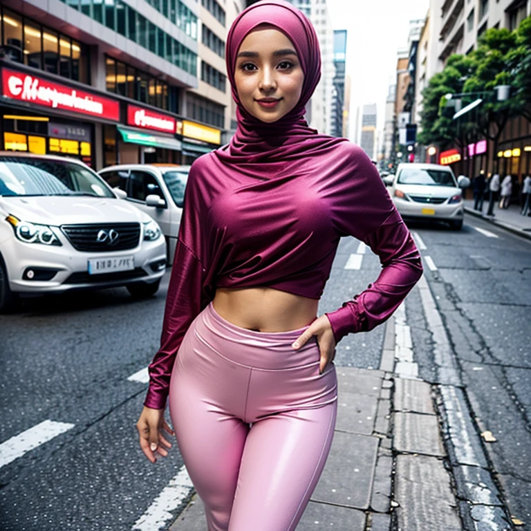 A young woman in her early twenties, her features adorned with a hijab that drapes elegantly over her shoulders, framing her face. Her dark brown eyes shine with intelligence and confidence as she gazes ahead, her lips curved into a subtle smile. She has a slender build and stands at an average height, her posture straight and poised. She wears a tight pair of leggings that hug her curves, accentuating her toned legs and shapely derriere. The leggings are a vibrant shade of fuchsia, contrasting beautifully against the more muted tones of her long-sleeved blouse and hijab. Her blouse is a soft, lightweight material that falls just above her hips, revealing a hint of her midriff and accentuating her waist. Her feet are clad in comfortable yet stylish white sneakers, perfectly complementing her casual yet fashionable ensemble. The background of the image is a busy street scene, with people walking past and cars zooming by, creating a lively and vibrant atmosphere around her.