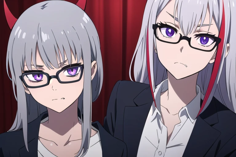 streaked hair, silver hair, black hair, bespectacled, crazy eyes, devil pupils, purple eyes, bored, expressionless, skin fang, sozinha