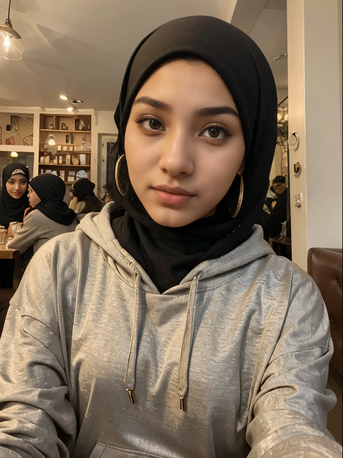 Photo of a 18 year old egyption woman, that  has a very natural face, hijab  thin lips, thin eyes, thin eyebrows, thin nose, small earrings. She makes a cute selfie in a cafe, wearing an oversized hoodie