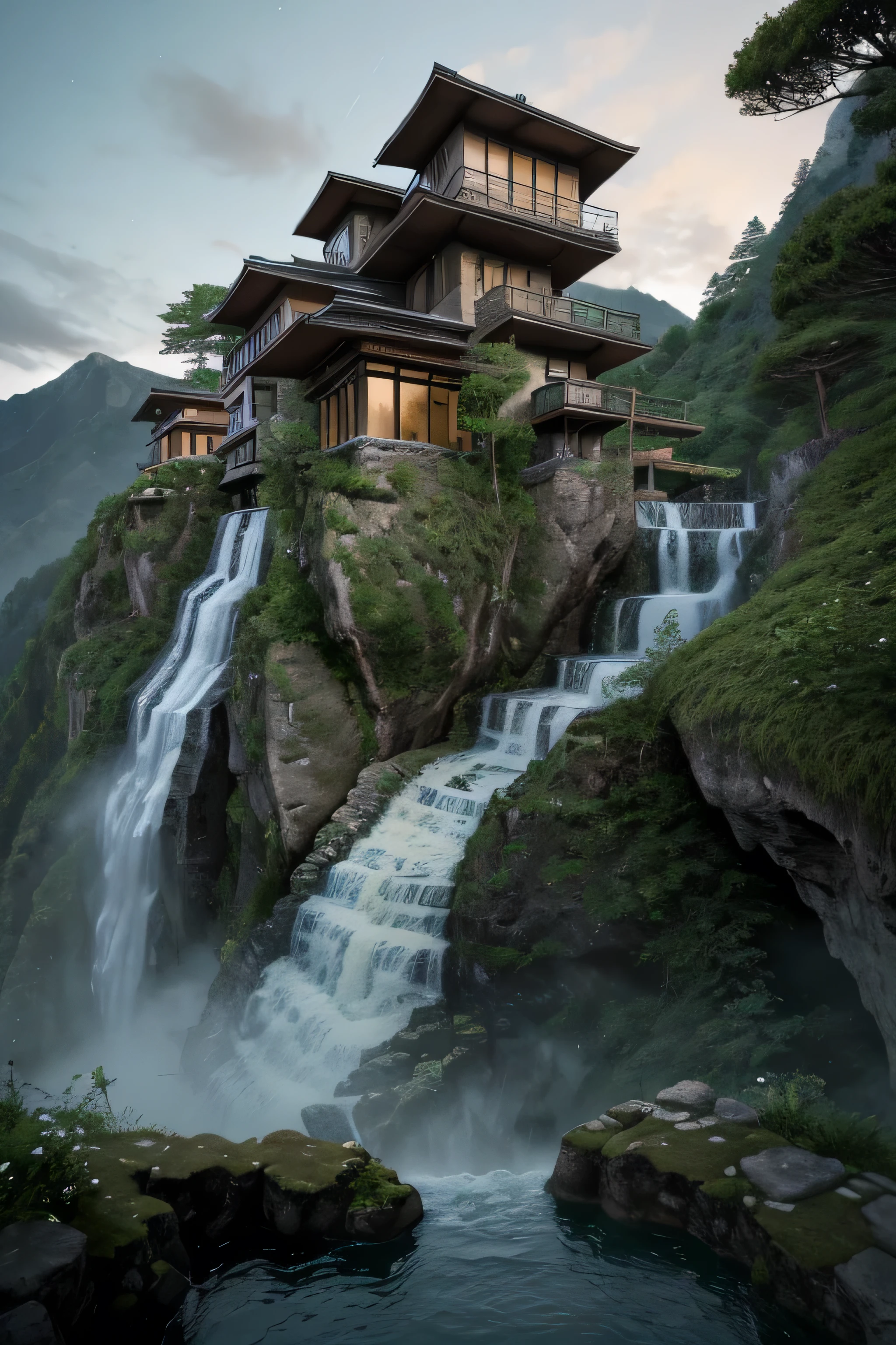 a close up of a waterfall near a house on a cliff, very close to real nature, cliffside, integrated in the mountains, luxurious onsens, mix with rivendell architecture, nature meets architecture, next to a waterfall, epic and stunning, by Johannes Voss, with waterfalls, shining lights on cliff side, waterfall walls, 4 k vertical wallpaper