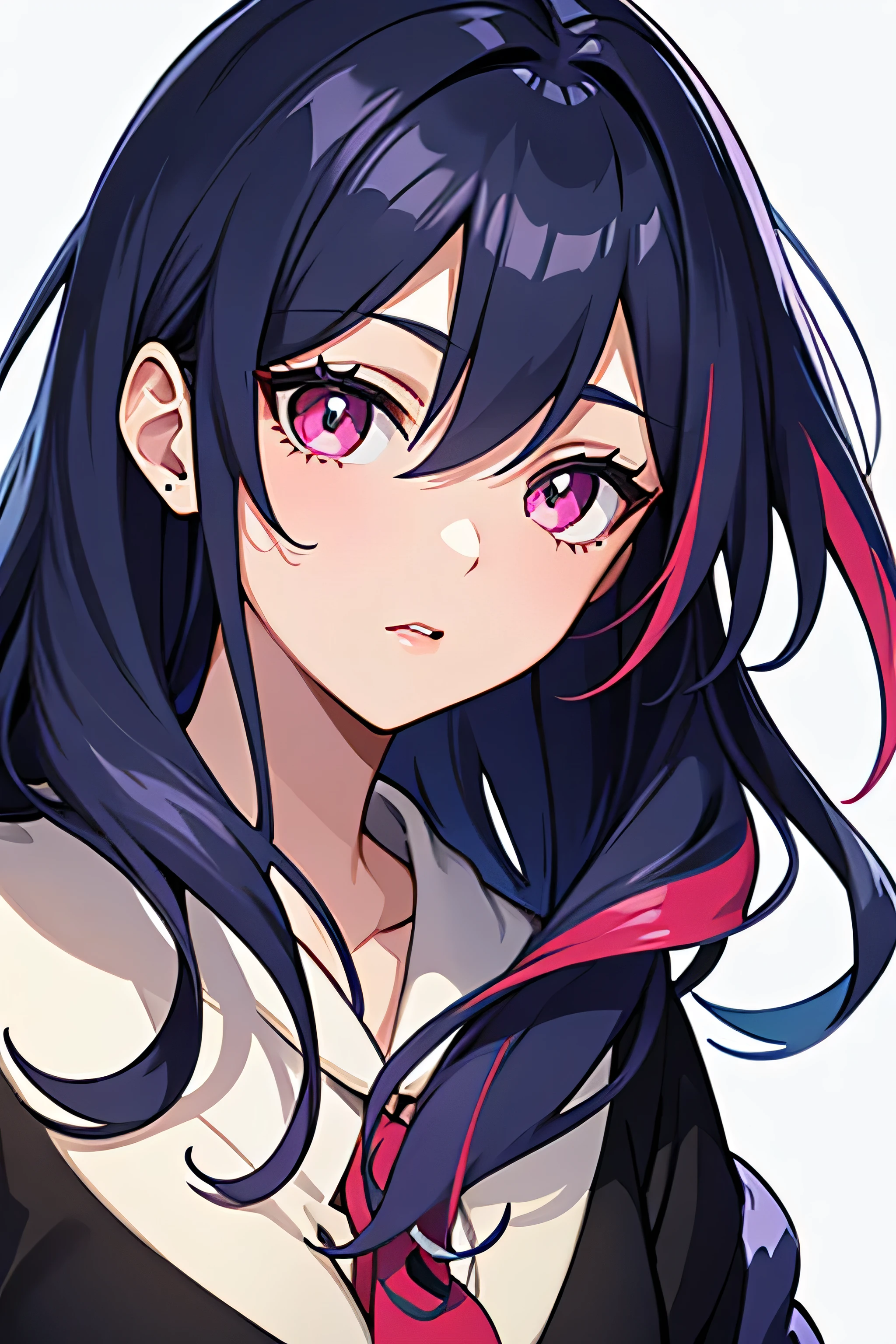 Hongliu, 1 girl, alone, long hair, looking at the viewer, background, white background, closed mouth, Jacket, Upper body, blue hair, pink eyes, From the side, sweater, lips, eyelash, compensate, wavy hair, red lips, eye shadow, multicolored eyes, dark theme, pink eye shadow,