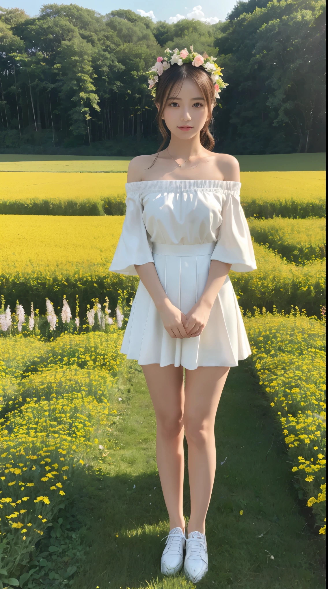 masterpiece, highest quality, Ultra-high resolution, Fluorescent color,, 1 girl, Looking at the audience, Beautiful Face, Beautiful Eyes, (Off the shoulder: 1.2), Lift your head, Upper Body, forest, Shiny Hair, Shiny skin, Shining Cut, a bit, Adjust the proportions of your fingers、Flower Field、Under the sky、uniform