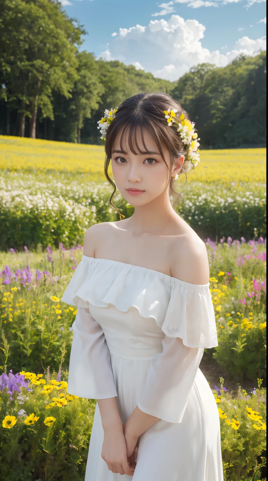 masterpiece, highest quality, Ultra-high resolution, Fluorescent color,, 1 girl, Looking at the audience, Beautiful Face, Beautiful Eyes, (Off the shoulder: 1.2), Lift your head, Upper Body, forest, Shiny Hair, Shiny skin, Shining Cut, a bit, Adjust the proportions of your fingers、Flower Field、Under the sky、uniform