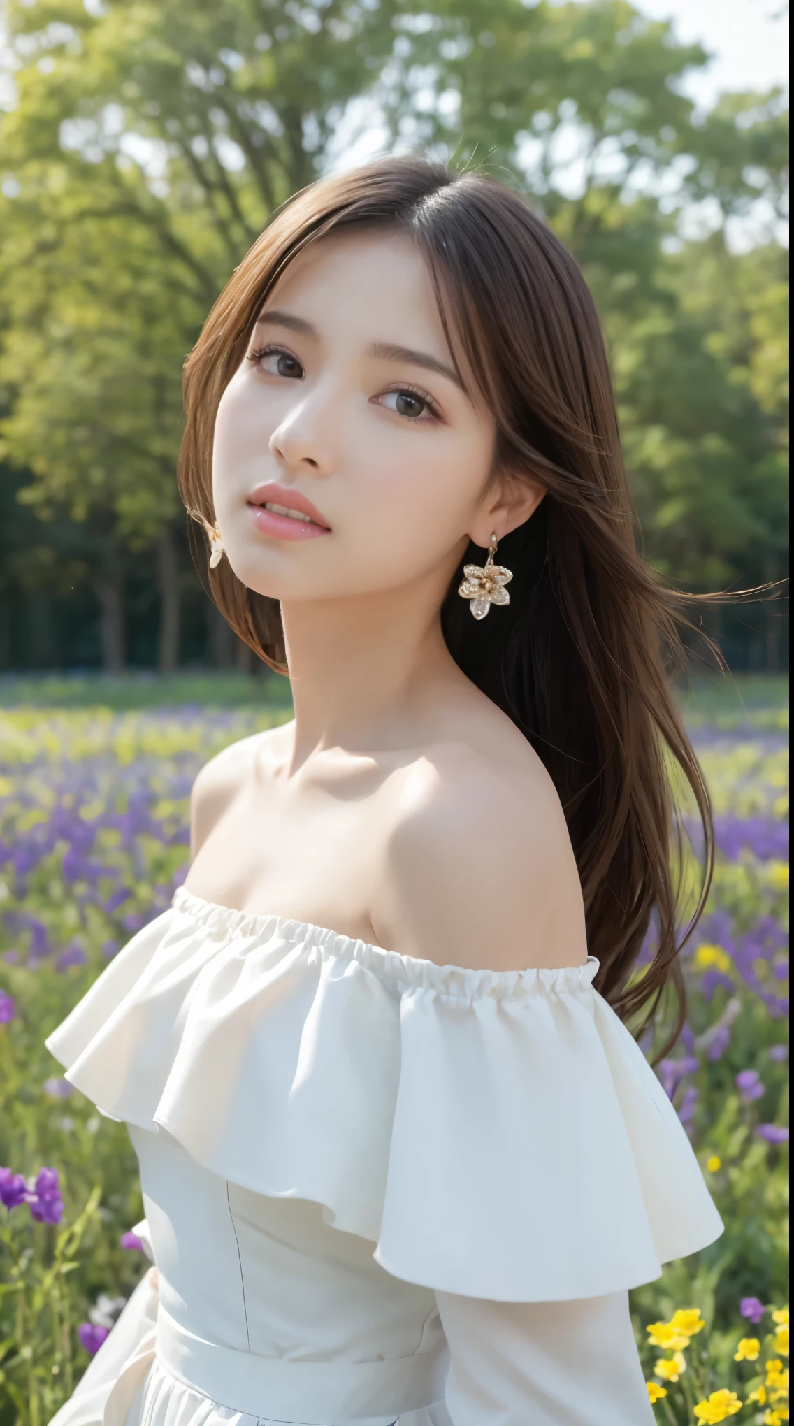 masterpiece, highest quality, Ultra-high resolution, Fluorescent color,, 1 girl, Looking at the audience, Beautiful Face, Beautiful Eyes, (Off the shoulder: 1.2), Lift your head, Upper Body, forest, Shiny Hair, Shiny skin, Shining Cut, a bit, Adjust the proportions of your fingers、Flower Field、Under the sky、uniform