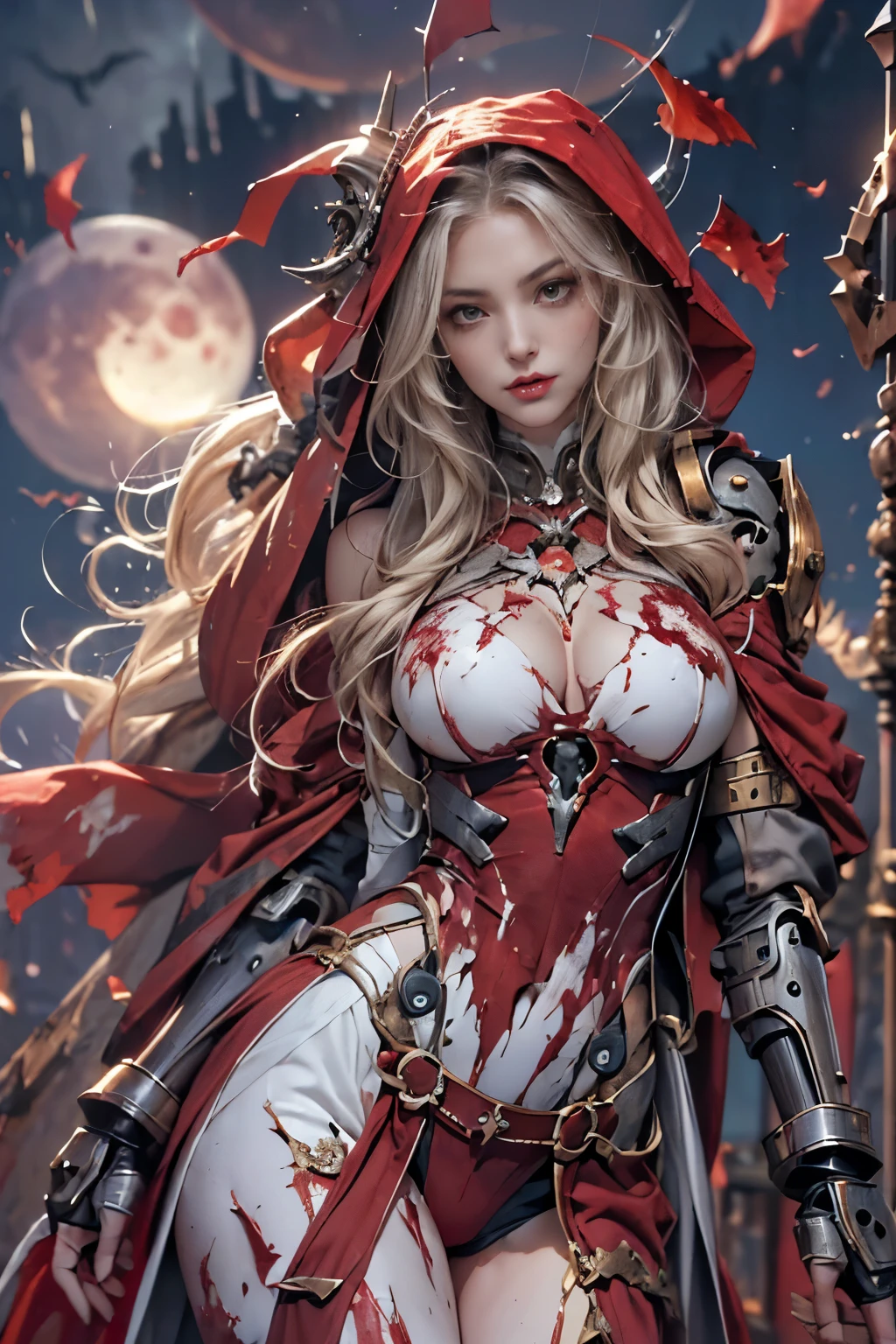 {beutiful girl, ((25-year-old girl with very slim body, Machinist corps:1.5)}, Thin legs, fine grain, white long hair, Detailed fingers, thin, Sexual, Ecstasy facial expression, (Super big bouncing firm bust:1.3), (sexy see-through mechanical suit, scarlet lined long cloak from shoulder, The chest part of the suit is widely open, Chest exposed:1.5), lakeside, (sexy dynamic posing, sneer:1.3), (in battle:1.5), { (bloody, many decapitated corpses:1.5), on top of hill, wide view, (spooky, creepy, big blood moon, moon night:1.3)}