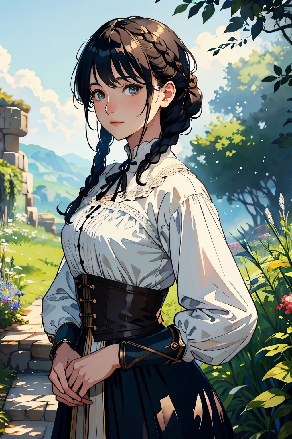 (highest quality、High resolution、masterpiece)、(Anime Art 4k)、(Realistic)、Portraiture、1 person、25-year-old woman、(Upper Body、Front facing、natural standing posture)、Beautiful Face、 (Exquisite beautiful eyes)、Black Hair、 short hair、Put your hair up、Braided Hair、 Beautiful Hair、Shiny Hair、Combing your hair、Skin Texture、Moisturized Skin、Small breasts、Adventure Travel Clothing、Blouse with a simple design、Peasant style costume、Victorian era costumes、steampunk、Ray Tracing、(White Background)、(No background)、(Sargent-style watercolor)、(Edmund Leighton Style)、