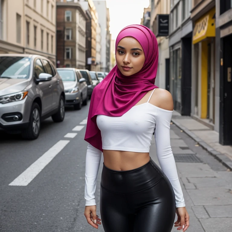 A young woman in her early twenties, her features adorned with a hijab that drapes elegantly over her shoulders, framing her face. Her dark brown eyes shine with intelligence and confidence as she gazes ahead, her lips curved into a subtle smile. She has a slender build and stands at an average height, her posture straight and poised. She wears a tight pair of leggings that hug her curves, accentuating her toned legs and shapely derriere. The leggings are a vibrant shade of fuchsia, contrasting beautifully against the more muted tones of her long-sleeved blouse and hijab. Her blouse is a soft, lightweight material that falls just above her hips, revealing a hint of her midriff and accentuating her waist. Her feet are clad in comfortable yet stylish white sneakers, perfectly complementing her casual yet fashionable ensemble. The background of the image is a busy street scene, with people walking past and cars zooming by, creating a lively and vibrant atmosphere around her.