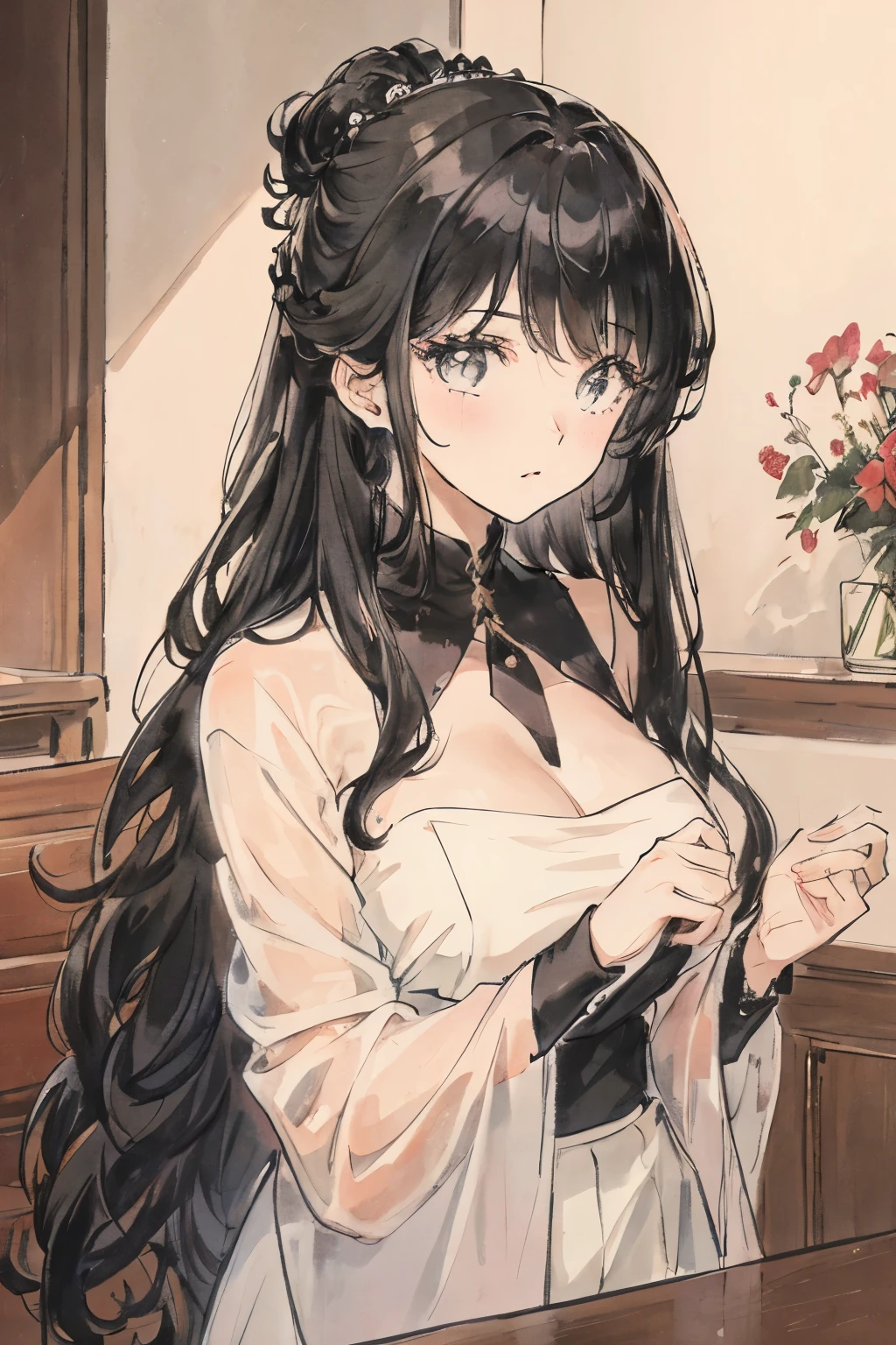 masterpiece, best quality, Very pretty beautiful girl,Black Hair,Hair Bunch,modern