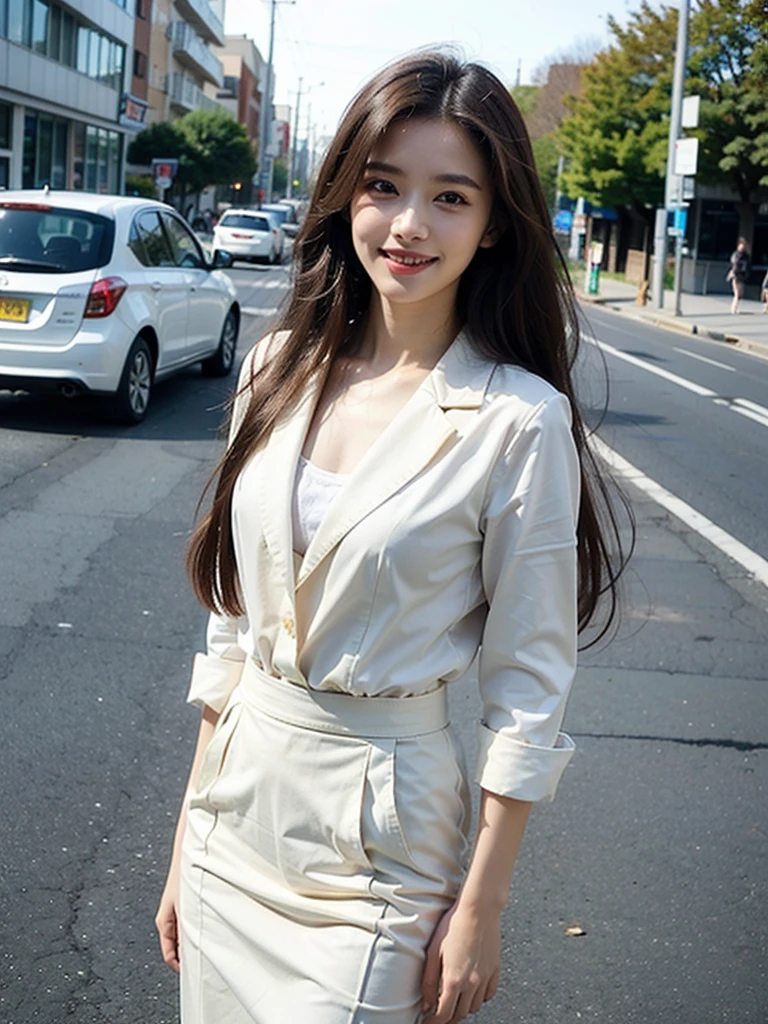 ((top-quality、8K、​masterpiece:1.3))、Beautiful woman with perfect body shape:1.4、(Brown Long Hair、small :1.3)、Casual wear、In the street、Highly detailed facial and skin texture、A detailed eye、double eyelid、A smile:1.5、full body Esbian、student clothes、japanese sailor suits、skirt by the