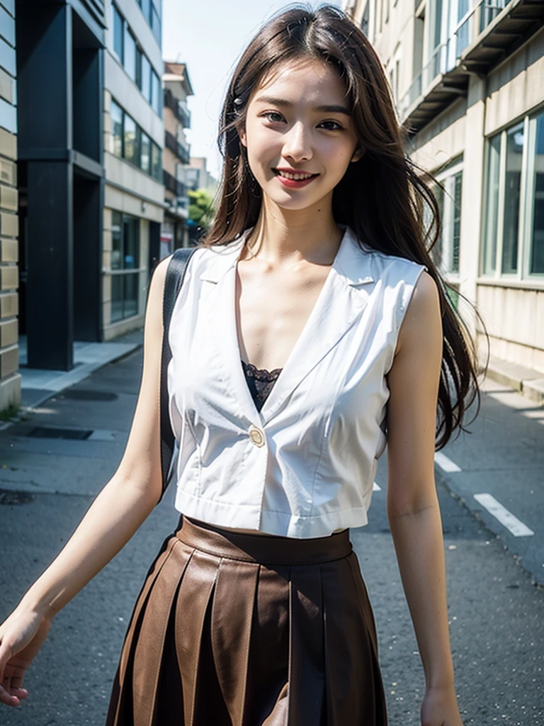 ((top-quality、8K、masterpiece:1.3))、Beautiful woman with perfect body shape:1.4、(Brown Long Hair、small tits:1.3)、Casual wear、In the street、Highly detailed facial and skin texture、A detailed eye、double eyelid、A smile:1.5、full body Esbian、student clothes、japanese sailor suits、skirt by the