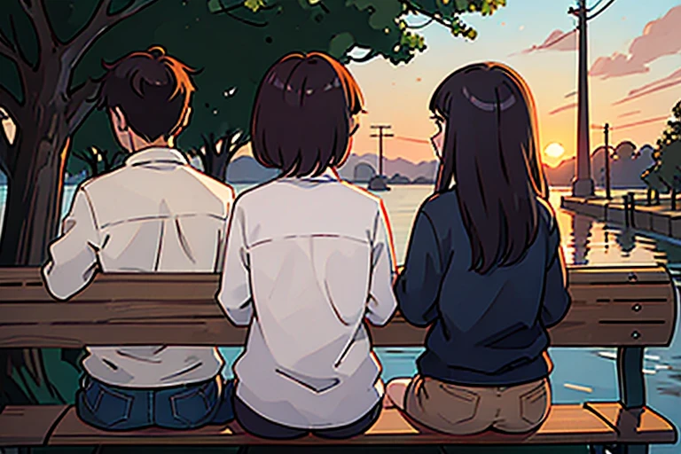 back view of couple sitting on a bench, watching sunset