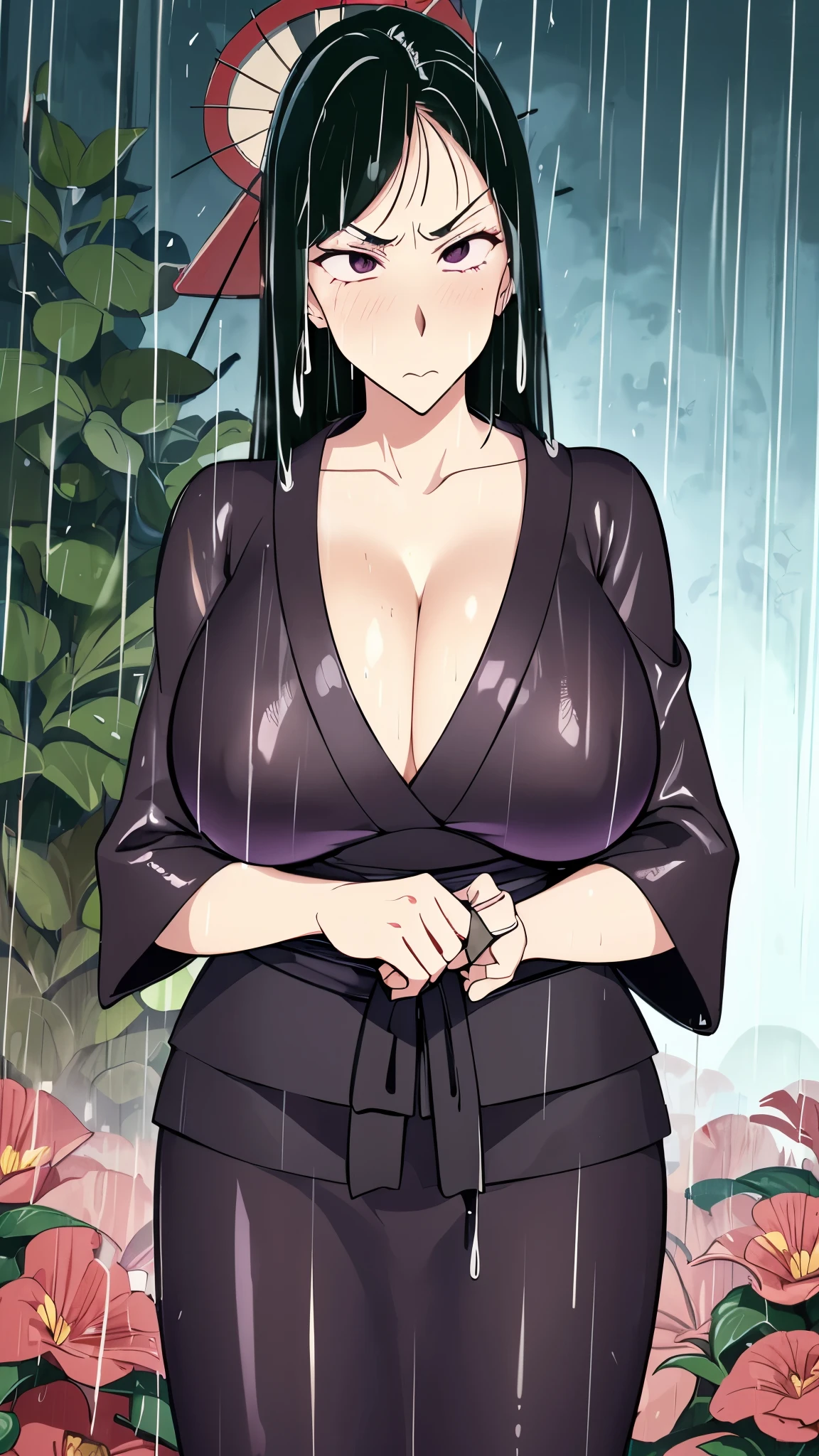 (Matsuzaka Plum:1.2),(Married Woman:1.3),(mother:1.3),Mama,woman,retro artstyle,1990s (style),(absurderes, 8K, 4K, masutepiece, hyper extreme detailed:1.2), Best Quality, Perfect Anatomy,Perfect face,Facing forward,High humidity,(Sweaty:1.2),(gigantic breasts:1.4),(Wet:1.1),(oiled skin:1.1),in the garden,(rain:1.4),(fog:1.3),(black kimono:1.1),village,Lantern,Japanese sword,See-through clothing,cool face,(Sharp Eyes:1.1),(Holding a sword:1.1),(Glaring Eyes:1.3),anger,Murderous Intent,Wearing a red belt around his waist,(Cleavage:1.1)