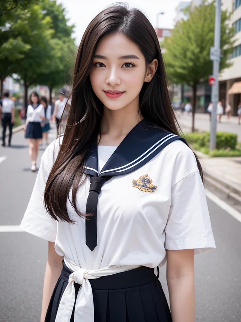 ((top-quality、8K、masterpiece:1.3))、Beautiful woman with perfect body shape:1.4、(Brown Long Hair、small tits:1.3)、Casual wear、In the street、Highly detailed facial and skin texture、A detailed eye、double eyelid、A smile:1.5、full body Esbian、student clothes、japanese sailor suits、skirt by the