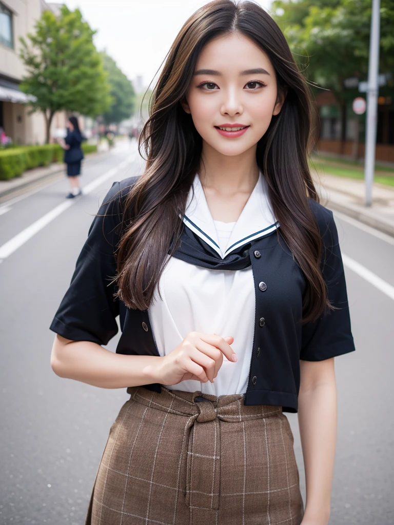 ((top-quality、8K、masterpiece:1.3))、Beautiful woman with perfect body shape:1.4、(Brown Long Hair、small tits:1.3)、Casual wear、In the street、Highly detailed facial and skin texture、A detailed eye、double eyelid、A smile:1.5、full body Esbian、student clothes、japanese sailor suits、skirt by the