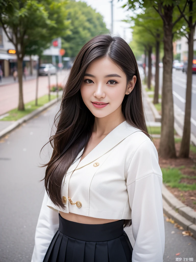 ((top-quality、8K、masterpiece:1.3))、Beautiful woman with perfect body shape:1.4、(Brown Long Hair、small tits:1.3)、Casual wear、In the street、Highly detailed facial and skin texture、A detailed eye、double eyelid、A smile:1.5、full body Esbian、student clothes、japanese sailor suits、skirt by the