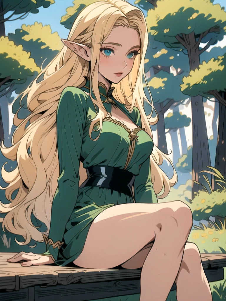 (masterpiece, best quality), 1girl, elf, woman, long blonde hair, silk green lingerie, village, forest, thighs