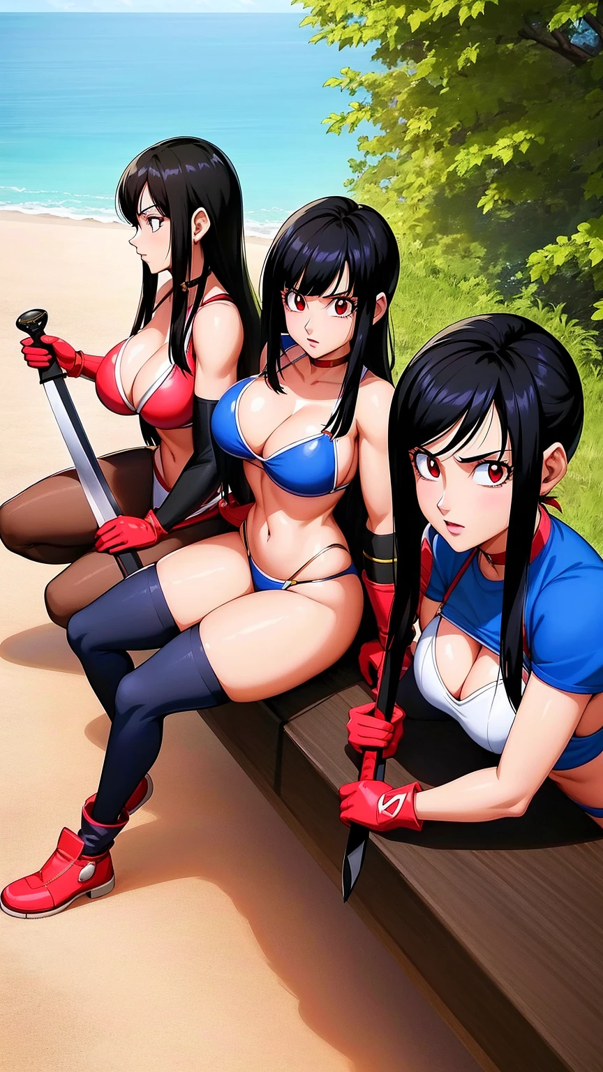 a woman in a bikini posing on a bench with a sword, Garota sedutora de anime, vestes colantes pretas e brancas!, linda mulher de anime sedutora, tifa lockhart, Hinata Hyuuga, retrato sedutor de tifa lockhart, Tifa Lockhart com cabelos brancos, personagem feminina de anime, tifa, mago de cabelo preto, Tifa Lockheart, garota de anime atraente, nico robin