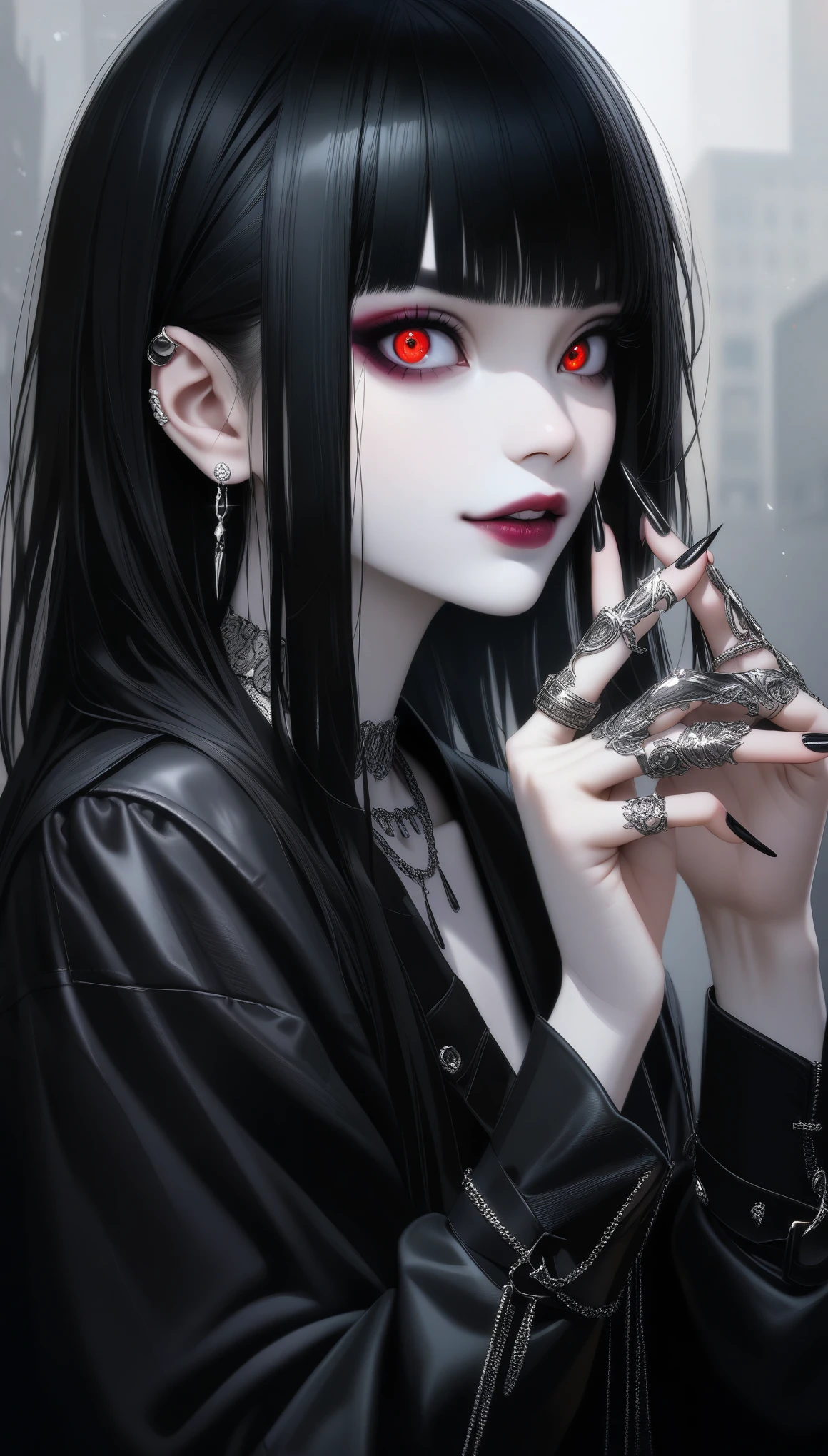 A very cute goth anime girl with black hair and bangs, wearing rings on her fingers, pale skin, sharp eyes, dark makeup, she has long acrylic nails that have been painted silver, intricate rings on fingers, wearing an all-black outfit, She exudes sophistication and cool. in the style of hyper realistic. fasion style, mysterious smile, --ar 3:4 --niji 6 --style raw --s 1000