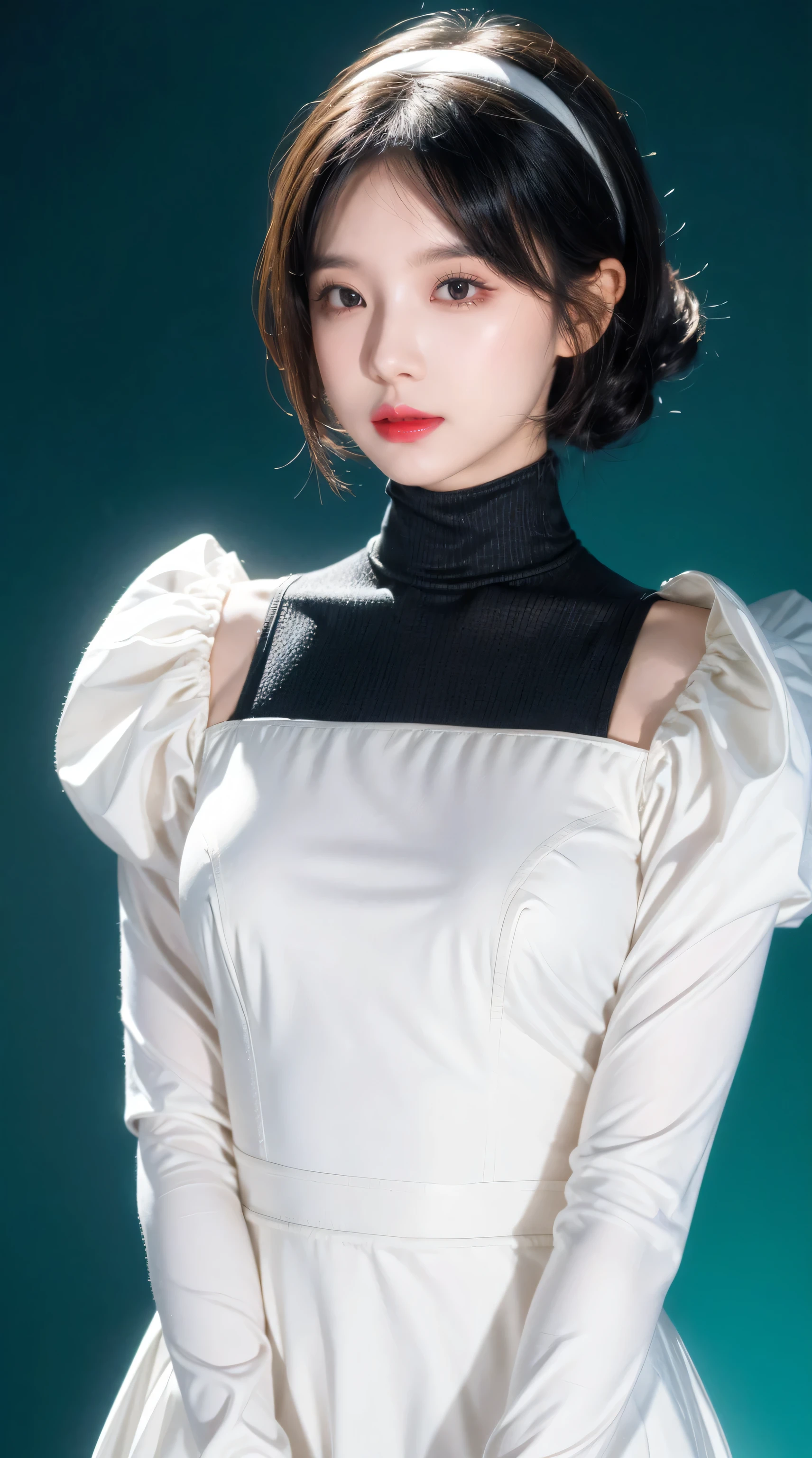 Yohanno. Type 2b, 1 Girl, Wallop, (fold), breasveage, cleveage cutout, Garment cutting, Green background, Hair between the eyes, Headbands, high resolution, Juliet Sleeves, Long sleeve, Neil (series), Neil automata, Puff sleeveed lips, Shadowed side, short hair, Solitary, turtleneck sweater, Upper Body, white hair, Sky