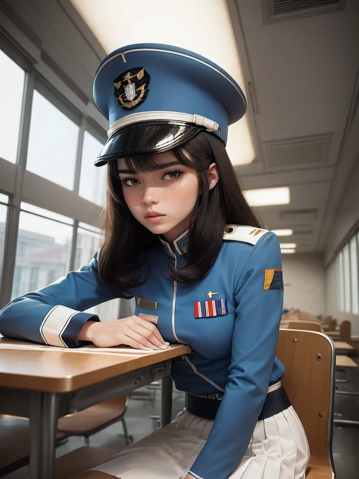 superflat, flat shading, flat colors, (masterpiece:1.2, best quality), (closeup), 2women, teen, slim, (white military outfit), pleated skirt, military hat, space cadet, sitting by desk, in classroom, put head on hand, bored,  classmates in background, (spaceship interiors), futuristic, cosmos, watercolor