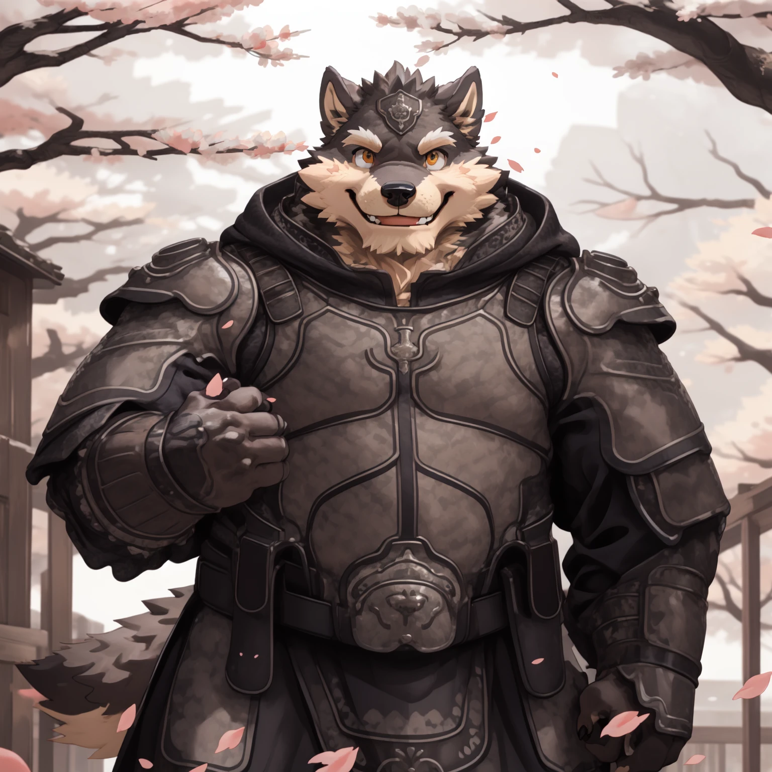 New Jersey 5 Furry,Wolf,Exquisite,Robust, Thick arms,Rugged muscles,Gray plush fur,General in armor,Falling cherry blossoms,Smile,confidence