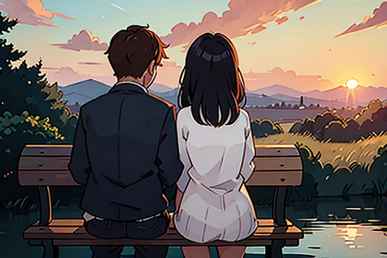 couple sitting on a bench, backview watching sunset