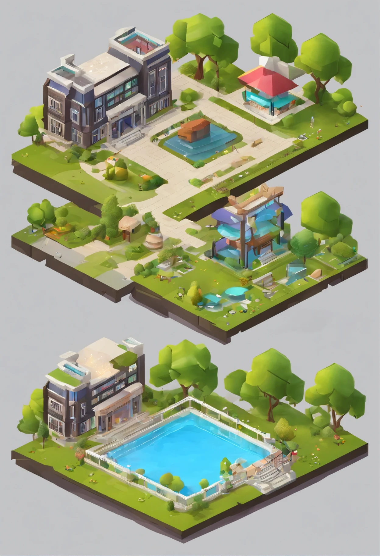 Isometric, overlooking 45 degrees, SLG game building, single building, gray background, concept art, Octane rendering, Cozy, City park, Townsquare, ((open field))