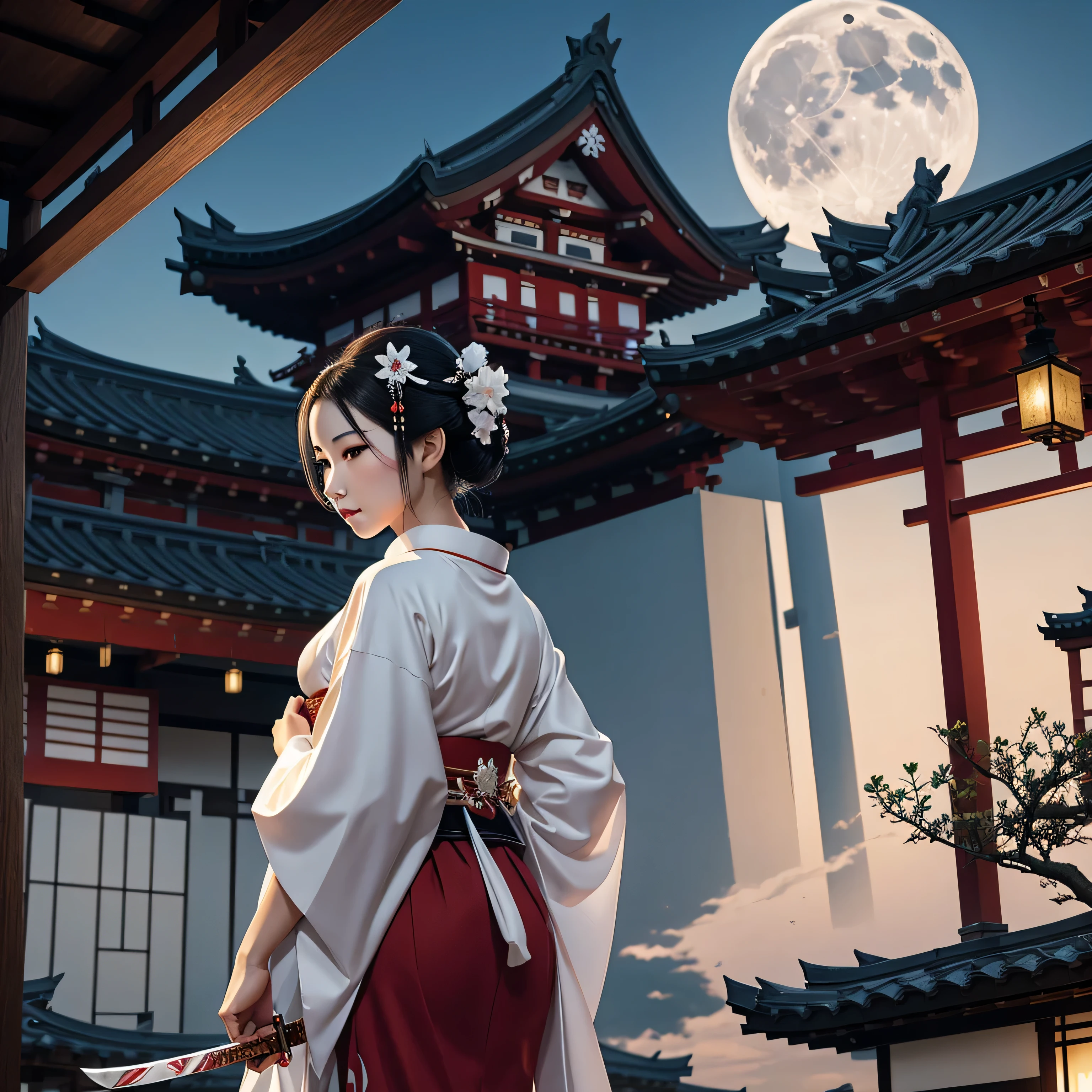 Geisha, white kimono, dusk, temple, sword, moon, leaf