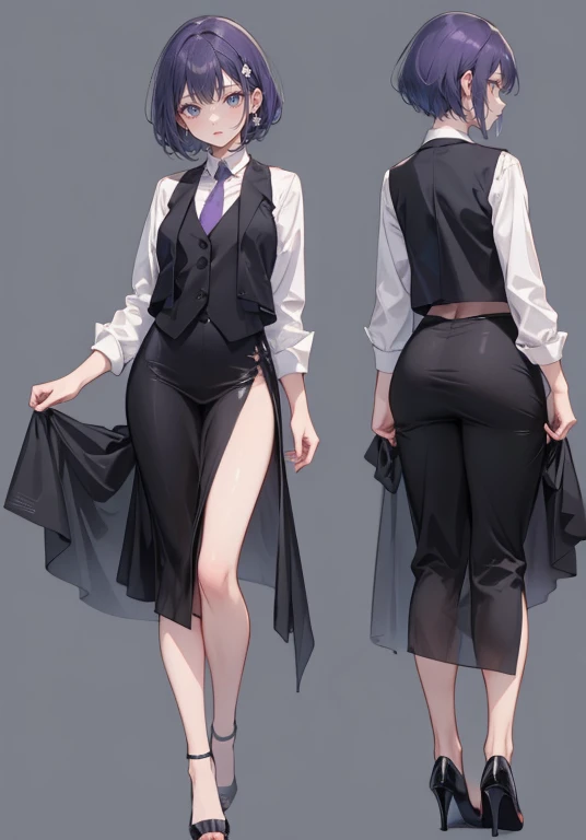((Perfect Face)),Purple Hair,Very short hair,1 female,,Black vest,Roll up your sleevesＹshirt,tie,slit,High heels,,((Simple Background)),smile,((Full Body)),((full body)),