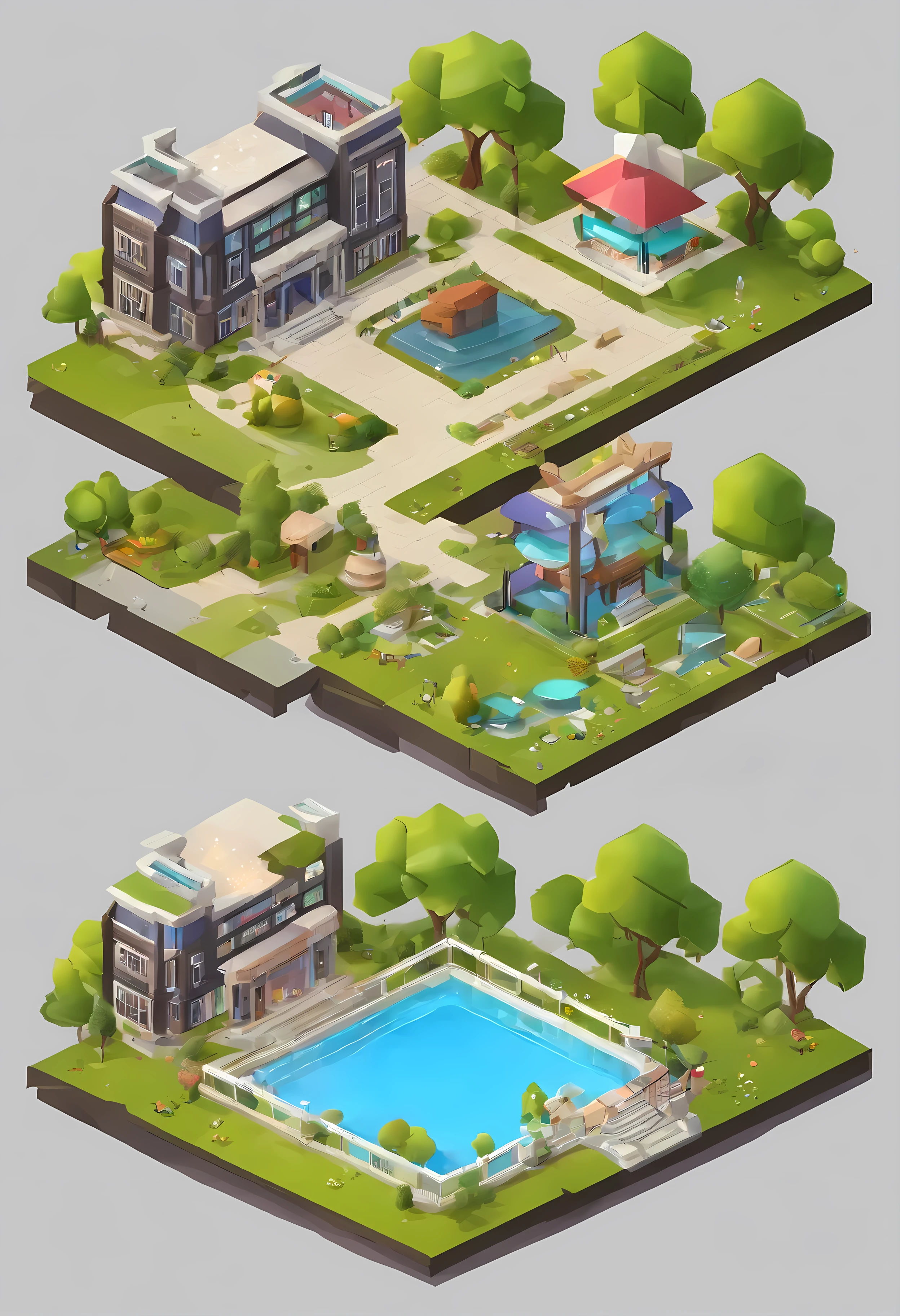 Isometric, overlooking 45 degrees, SLG game building, single building, gray background, concept art, Octane rendering, Cozy, City park, Townsquare, ((open field))