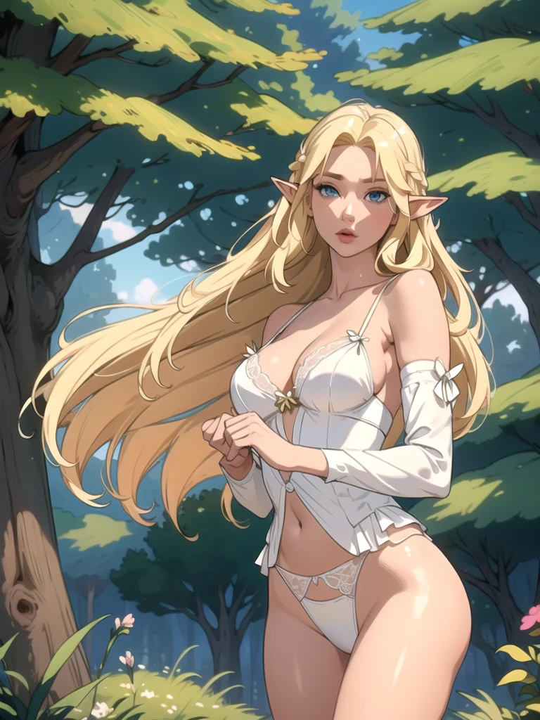 (masterpiece, best quality), 1girl, elf, mature woman, long blonde hair, silk white lingerie, village, forest, thighs