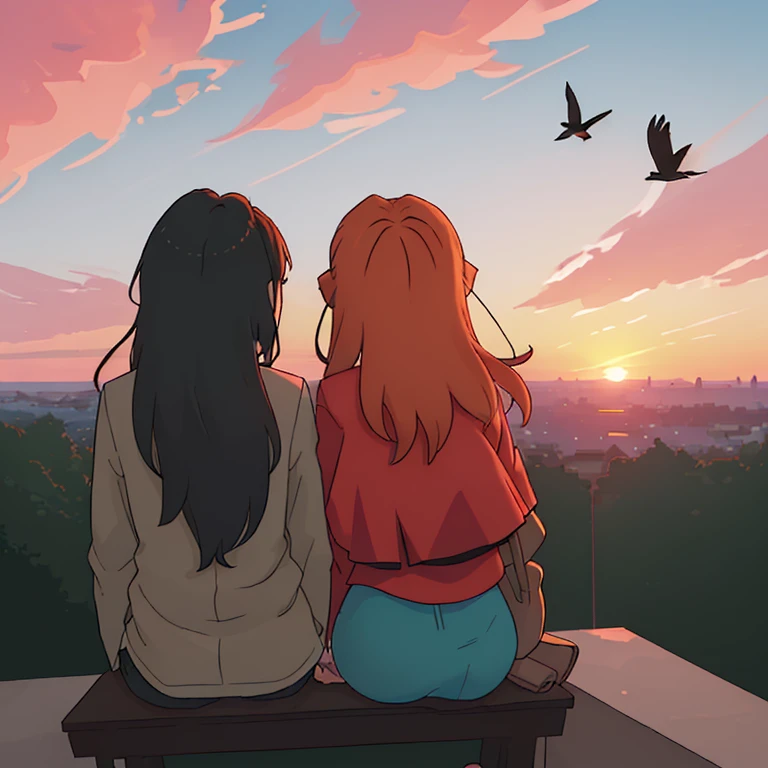 back view of couple watching sunset, birds eye