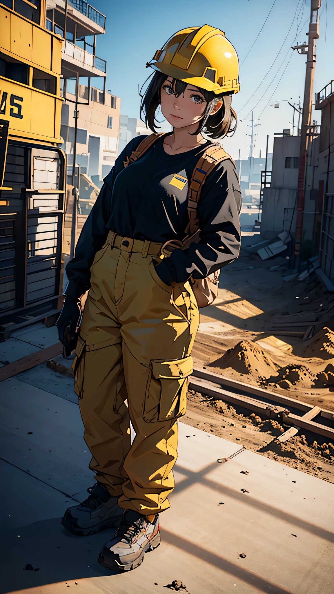 Girl at the construction site, Wear a charcoal long-sleeve T-shirt, cargo pants, Safety Helmet, and holding a A powerful method in her hand.

(High resolution,4K,highest quality:1.2),Very detailed,(Realistic:1.37),Large construction site,Professional,Industrial Lighting,Vibrant colors,Bokeh,Gritty atmosphere

[Construction worker], [Urban], [Dynamic pose], [A powerful method], [Safeguards], [concrete], [crane], [Dust and debris], [Blueprint], [Construction Machinery],  [Helmet], [Work gloves], [scaffold], [Construction site signage], [Noise and activity], [Yellow caution tape], [Sunlight and shadow], [Busy workers], [Dirt and mud], [Construction Vehicles], [Diligent]

This Professional prompt、We hope it helps you create beautiful, detailed images of girls working on construction sites.。.