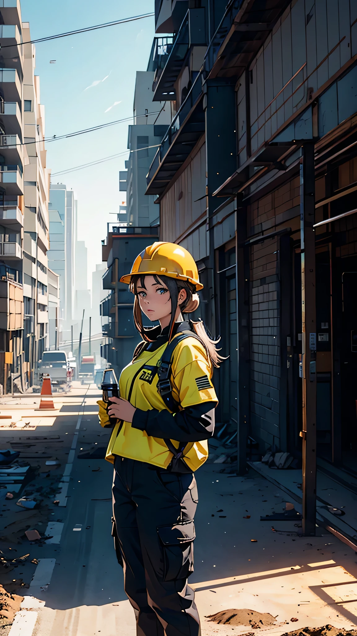 Girl at the construction site, Wear a charcoal long-sleeve T-shirt, cargo pants, Safety Helmet, and holding a A powerful method in her hand.

(High resolution,4K,highest quality:1.2),Very detailed,(Realistic:1.37),Large construction site,Professional,Industrial Lighting,Vibrant colors,Bokeh,Gritty atmosphere

[Construction worker], [Urban], [Dynamic pose], [A powerful method], [Safeguards], [concrete], [crane], [Dust and debris], [Blueprint], [Construction Machinery],  [Helmet], [Work gloves], [scaffold], [Construction site signage], [Noise and activity], [Yellow caution tape], [Sunlight and shadow], [Busy workers], [Dirt and mud], [Construction Vehicles], [Diligent]

This Professional prompt、We hope it helps you create beautiful, detailed images of girls working on construction sites.。.