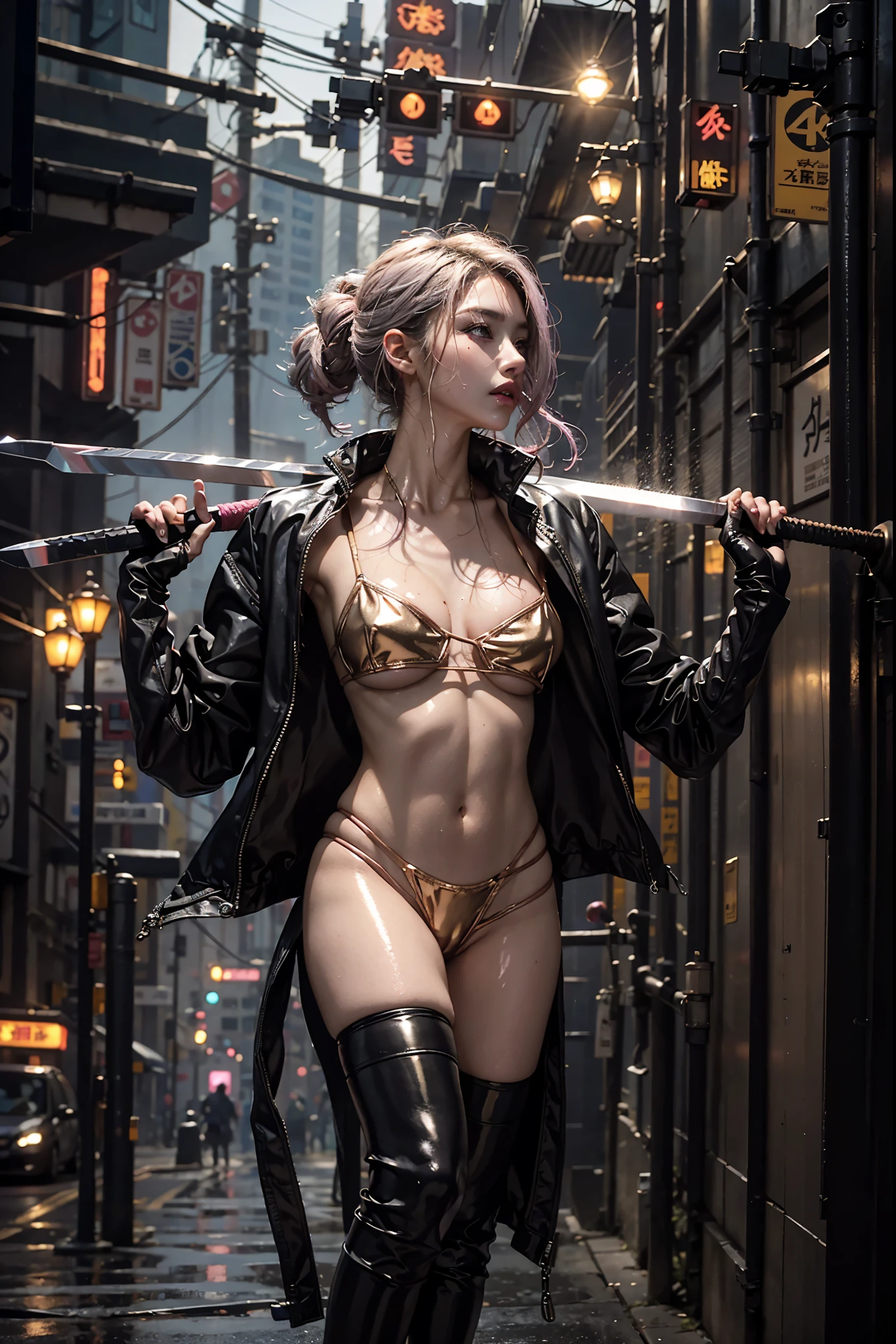 highest quality、surreal、perfect anatomy、Wet and shiny white skin、model body shape、Sweat dripping all over the body、Super small face、Ahegao、Cleavage、Cyberpunk City、Monotone urban tech wear、Pink, black, silver and golden hair、Holding a Japan sword in each hand、