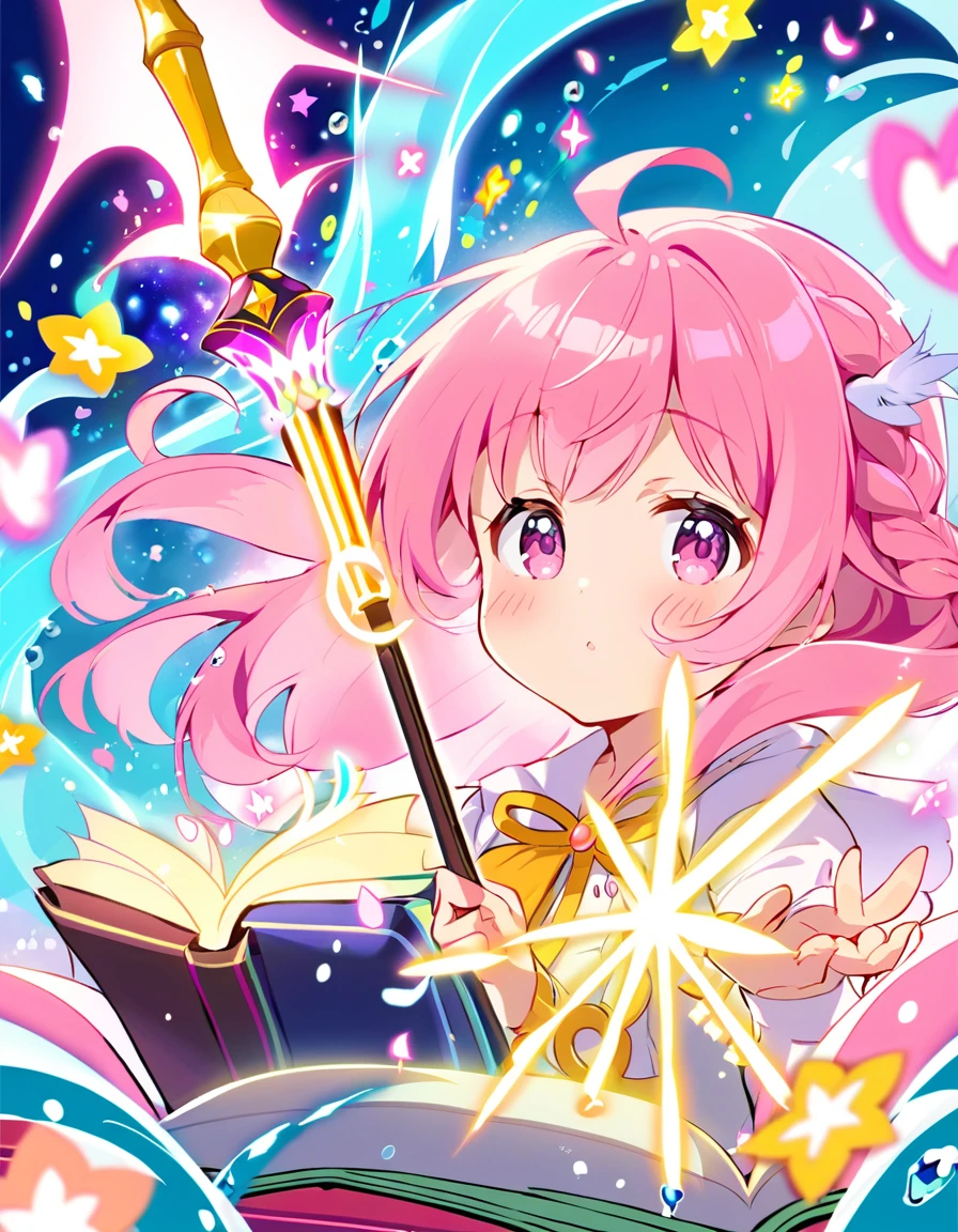close up face, kawaii style (girl, petite) The magical archivist, clad in a long robe, wields a wand of magic in her hand. As she passes through the aisles, a gentle wave of her wand causes the chosen books to levitate. Around her, magical lights are scattered, and the air vibrates with magical energy, cute, adorable, brightly colored, cheerful, anime influence, highly detailed