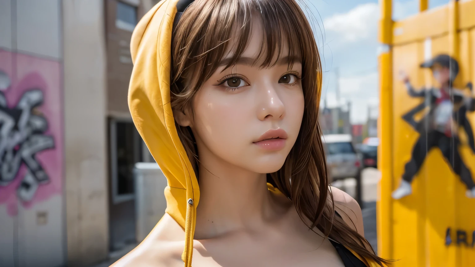 masterpiece, highest quality, Very detailed, 8k, Realistic, One Girl, alone, Tomboy, Very detailed face, (head shot:1.5), Upper Body, Standing in front of a wall covered in hip hop graffiti, Light brown pixie cut hair, He is wearing a short black tank top and an open-zipped yellow hoodie.。., Reaching into the pocket of a hoodie