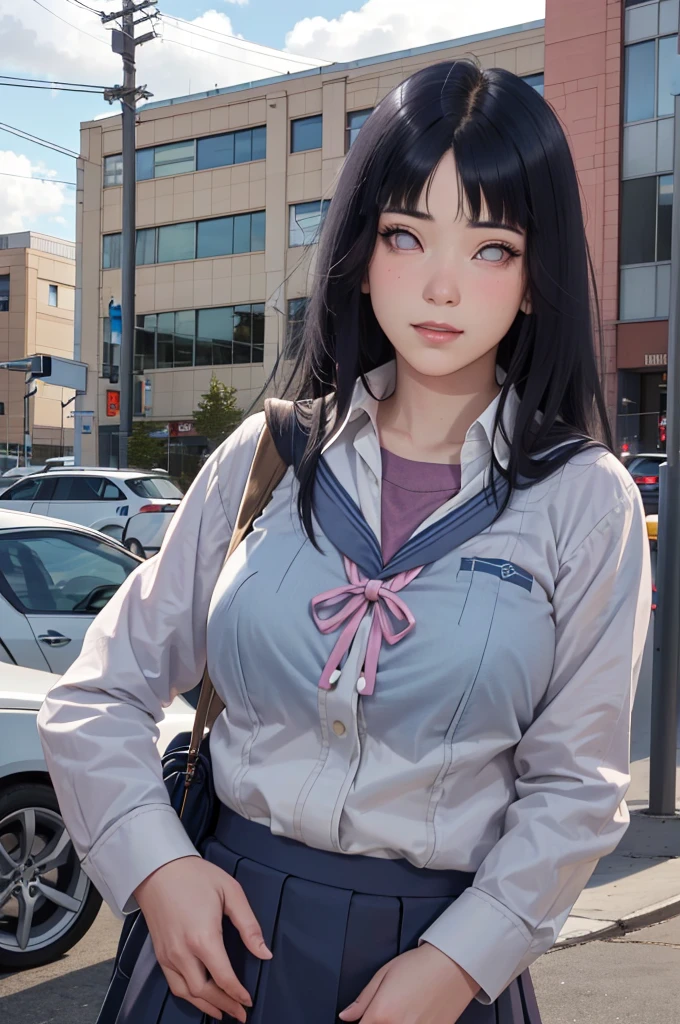 masterpiece, hinata\(boruto\), 1girl, solo, young female, ((((high school uniform)))), (high School), outdoors, looking at viewer, cloudy sky, perfect composition, detailed lips, school building, big breast, beautiful face, body propotion, blush, (pink lips), ((long hair)), purple eyes, soft gaze, sad smile, super realistic, detailed, photoshoot, realistic face and body, realistic hair, realistic eyes, realistic nose, realistic lips, (((dark blue hair))), 19 years old girl, flowing skirt