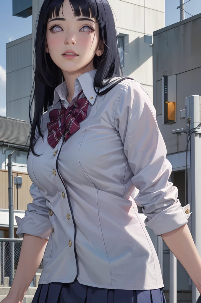 masterpiece, hinata\(boruto\), 1girl, solo, young female, ((((high school uniform)))), (high School), outdoors, looking at viewer, cloudy sky, perfect composition, detailed lips, school building, big breast, beautiful face, body propotion, blush, (pink lips), ((long hair)), purple eyes, soft gaze, sad smile, super realistic, detailed, photoshoot, realistic face and body, realistic hair, realistic eyes, realistic nose, realistic lips, (((dark blue hair))), 19 years old girl, flowing skirt