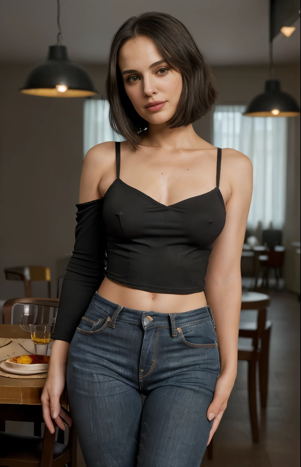 Woman 25 years old., similar a Natalie Portman,Cabello negro bob,  esta sentada en la mesa dejando ver sus largas y esveltas piernas, jeans ajustados negros,  esta agarrando con las manos el mantel de la mesa donde esta sentada,, contrato 8k, dim lighting, alta calidad, granularidad, Fujifilm XT3