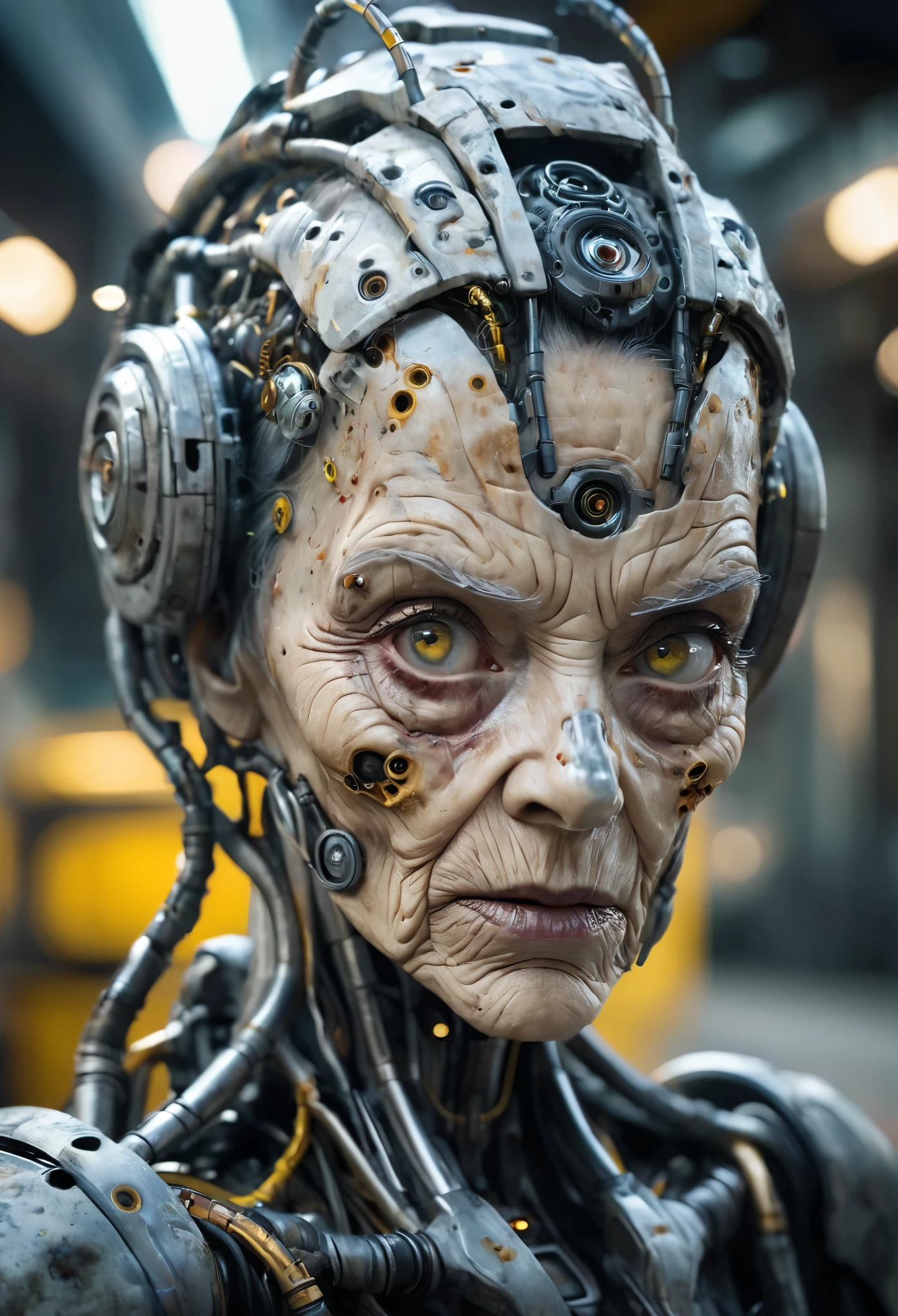 discarded android-cyborg old woman, sad empty stare, filthy hair, perfect cracked face, perfect sad eyes, skin peeling off, damaged, broken android body, leaking oil, rusty yellow carapace parts with dirty cracks, mechanical cyborg joints, highly detailed, strong contrast, intricate details, volumetric light, 16k HDRI, lot of details, high quality, dramatic atmosphere, atmospheric perspective, subsurface scattering, transparency, analog style, film photography, sharp focus, soft focus, cinematic sophisticated lighting, heavy shadow, movie still, captured in the style of Sony Alpha A7 III camera