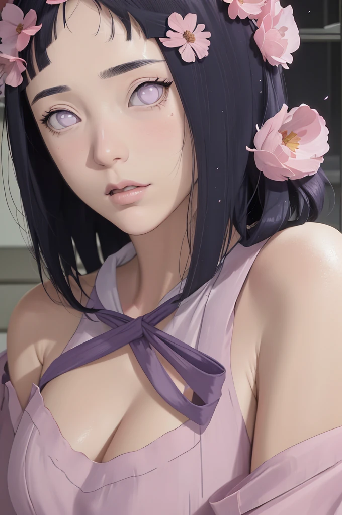 masterpiece, absurdres, hinata\(boruto\), 1girl, solo,mature female, off-shoulder oversized shirt, looking at viewer, (falling petals), perfect composition, detailed lips, big breast, beautiful face, body propotion, blush, (pink lips), long hair, purple eyes, soft gaze, super realistic, detailed, photoshoot, realistic face and body,