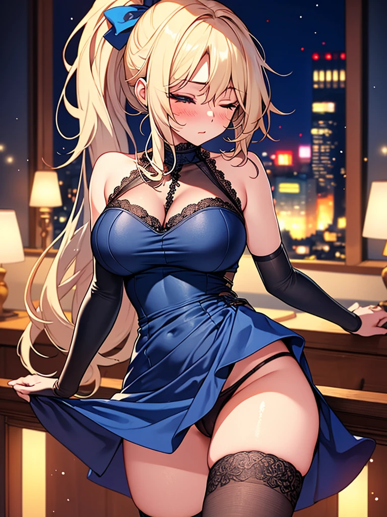 (highest quality, High resolution, perfect pixel, Depth of bounds written, 4K), hotel room, detailed eyes, (1 lady), tall, (skinny body:1.2) , (thin thighs:1.2), large breasts, (side boob), blond hair, (ponytail:1.2), (midnight blue party dress:1.2), (sleeveless), bare back, (long asymmetrical skirt), elbow gloves, (lace legwear:1.2), (standing), (arm up:1.1), (aroused), blush, one eye closed,