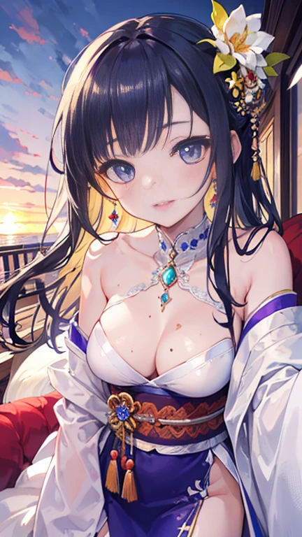 8k, masterpiece, 1 girl, Beautiful Face, Very long hair, light makeup, Fine grain, Detailed lips, Small person, (Sexy Dress:1.4), (Wearing Jewelry), Big Breasts、On the couch, sunset, evening, Blowing Wind, Random hairstyle、hair ornaments、Looking at the camera and smiling、cute、Baby Face、Japanese、Very delicately designed clothes