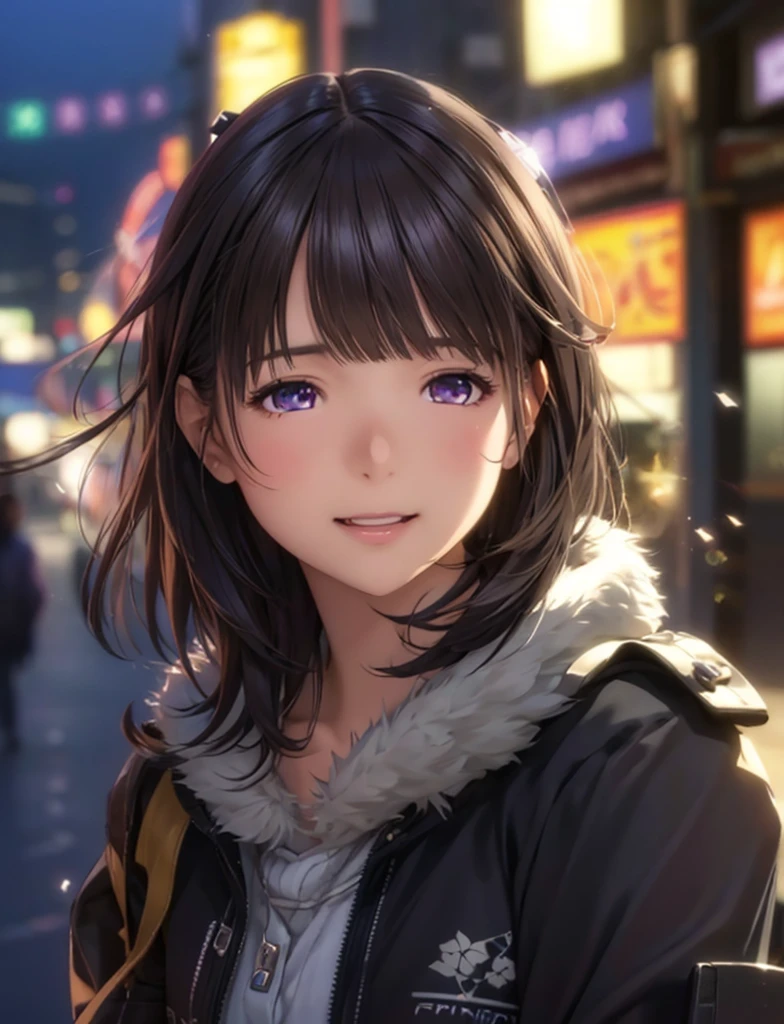 High resolution,In 8K,highest quality,detailed,Semi-realistic anime,Anime 3D Style,Smooth anime CG,One Girl,19-year-old woman in Japan,slim,Modeled,Shiny brown hair,Medium Hair,detailedな顔,Beautiful and detailed,Glowing Skin,White feather collar,Wear a black jumper,straggling hair,Angelic hairstyle,((Deep violet sparkling eyes)),(Small breasts),((Looks happy)),((Open your mouth wide),((Laughter))