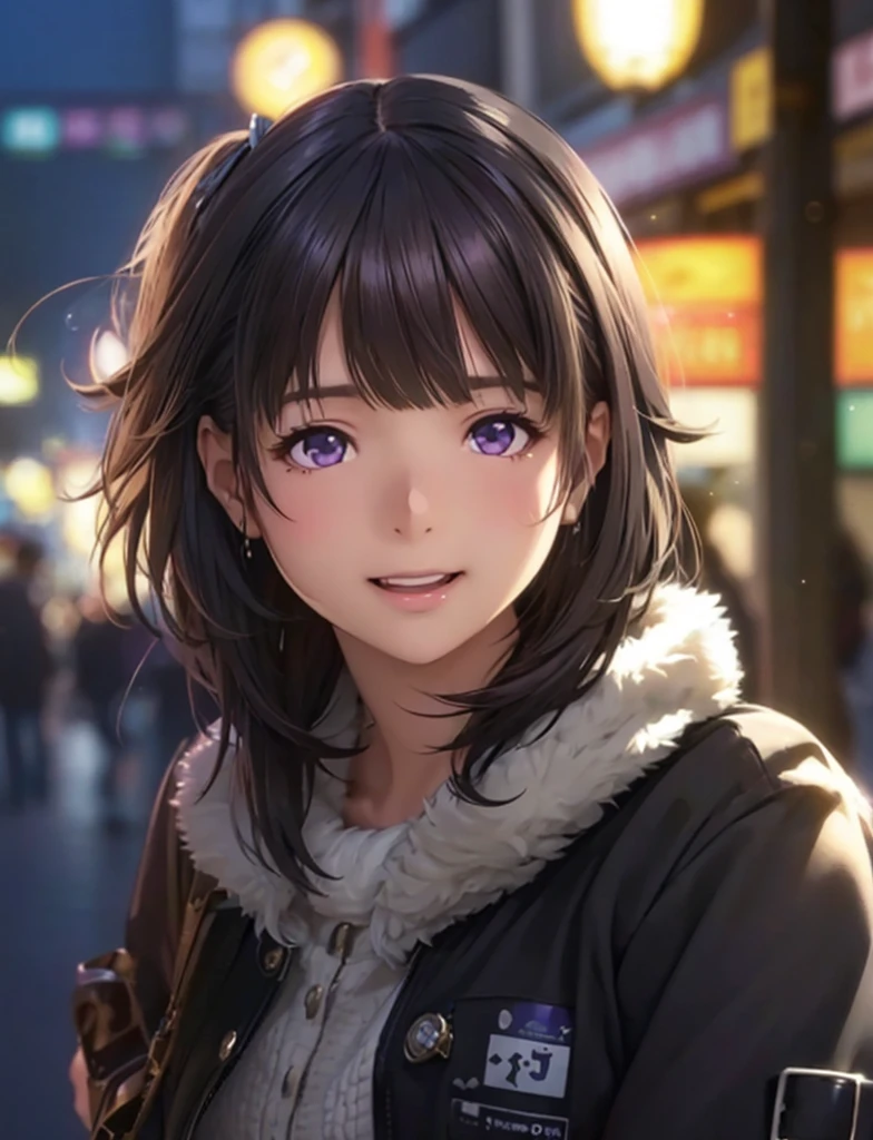 High resolution,In 8K,highest quality,detailed,Semi-realistic anime,Anime 3D Style,Smooth anime CG,One Girl,19-year-old woman in Japan,slim,Modeled,Shiny brown hair,Medium Hair,detailedな顔,Beautiful and detailed,Glowing Skin,White feather collar,Wear a black jumper,straggling hair,Angelic hairstyle,((Deep violet sparkling eyes)),(Small breasts),((Looks happy)),((Open your mouth wide),((Laughter))