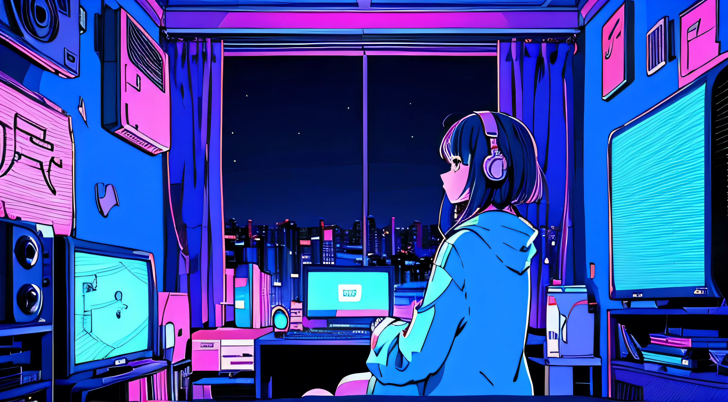 (From behind), Anime girl sitting in front of a computer in a cozy bedroom, Girl listening to music in a cozy room (night), Using headphones, On the roof, (beautiful night views from windows), Lots of things, 2D Anime Style, The aesthetics of anime in the 90s, Lo-Fi, Very detailed, hard disk, A mix of anime style and Fujifilm, Surreal, 8k, masterpiece