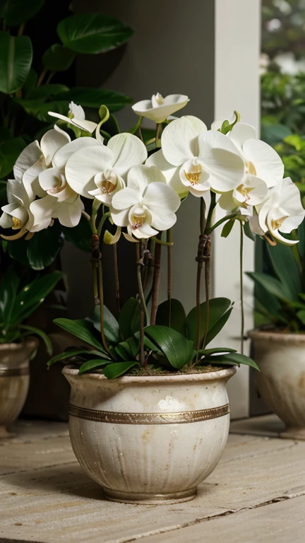 8K, Best Quality, Masterpiece, Ultra High Resolution, (Realism: 1.4), pot of white Phalaenopsis orchids, some morning dew on the flowers